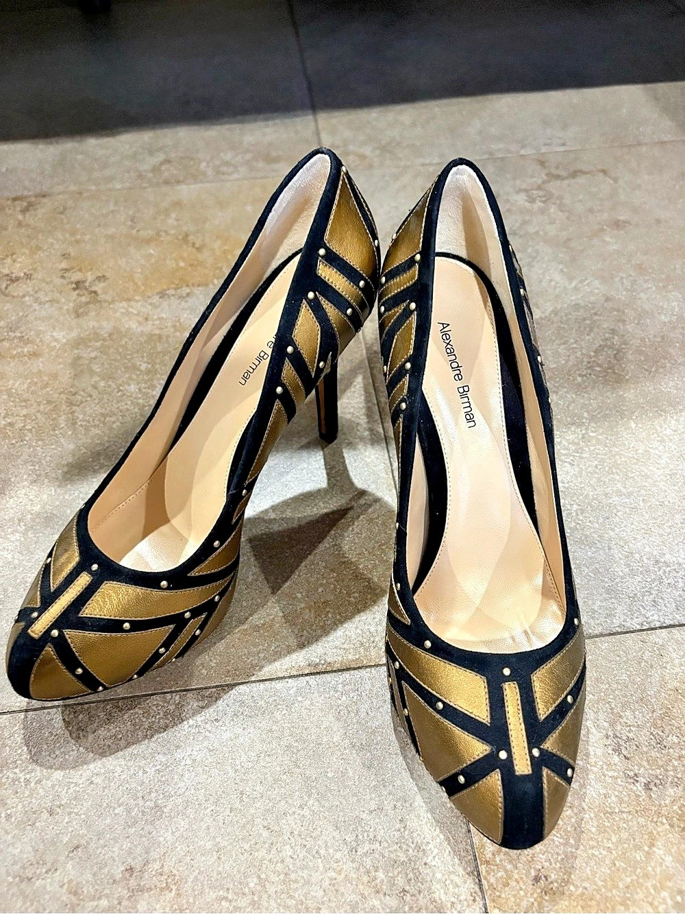 Geometric Studded Heels Black & Gold Size 8.5